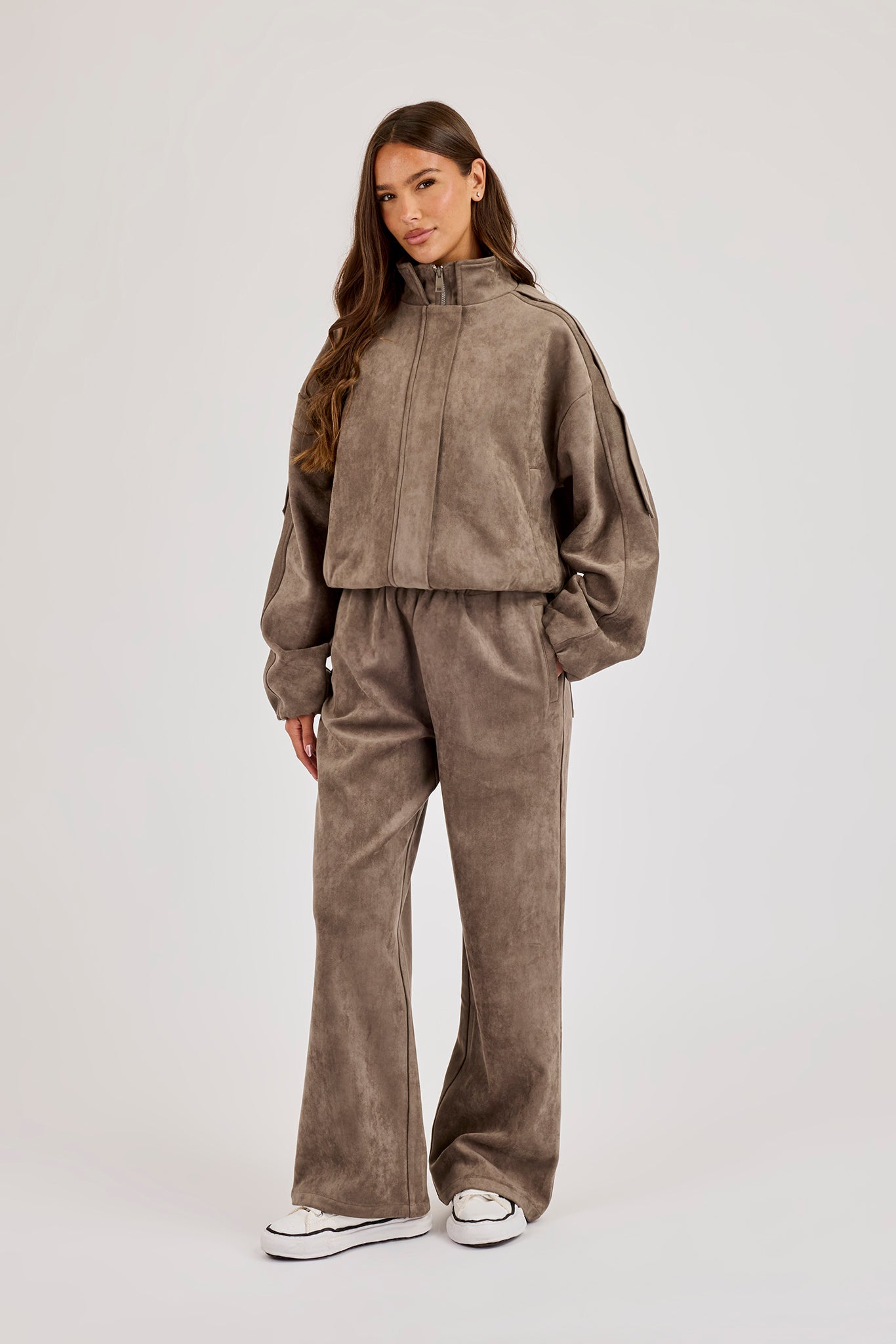 Suede Zip Through Funnel Neck Jacket - Grey