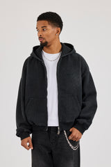 Acid Wash Waffle Boxy Zip Through Hoodie - Washed Black