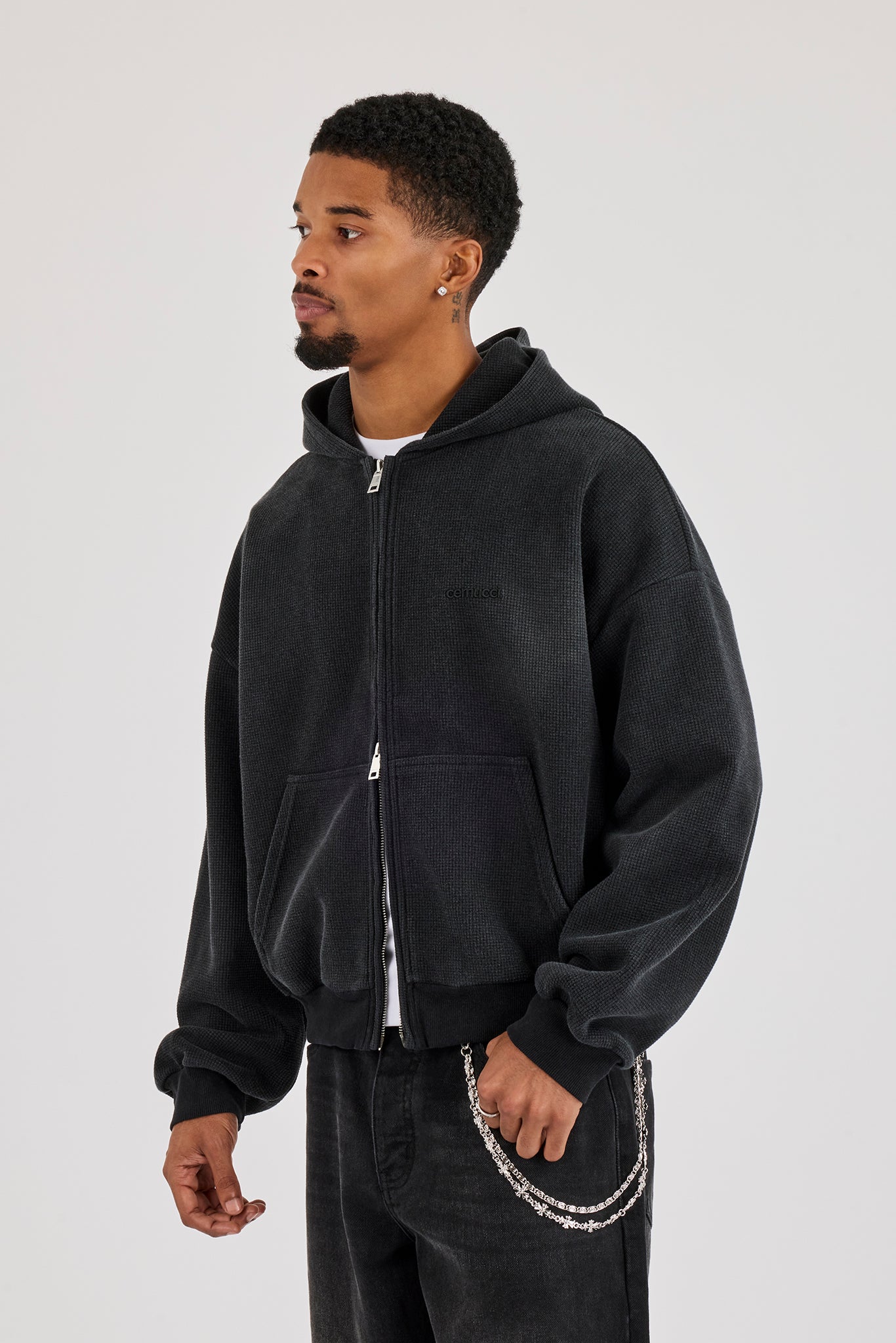 Acid Wash Waffle Boxy Zip Through Hoodie - Washed Black