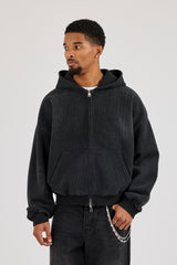 Acid Wash Waffle Boxy Zip Through Hoodie - Washed Black