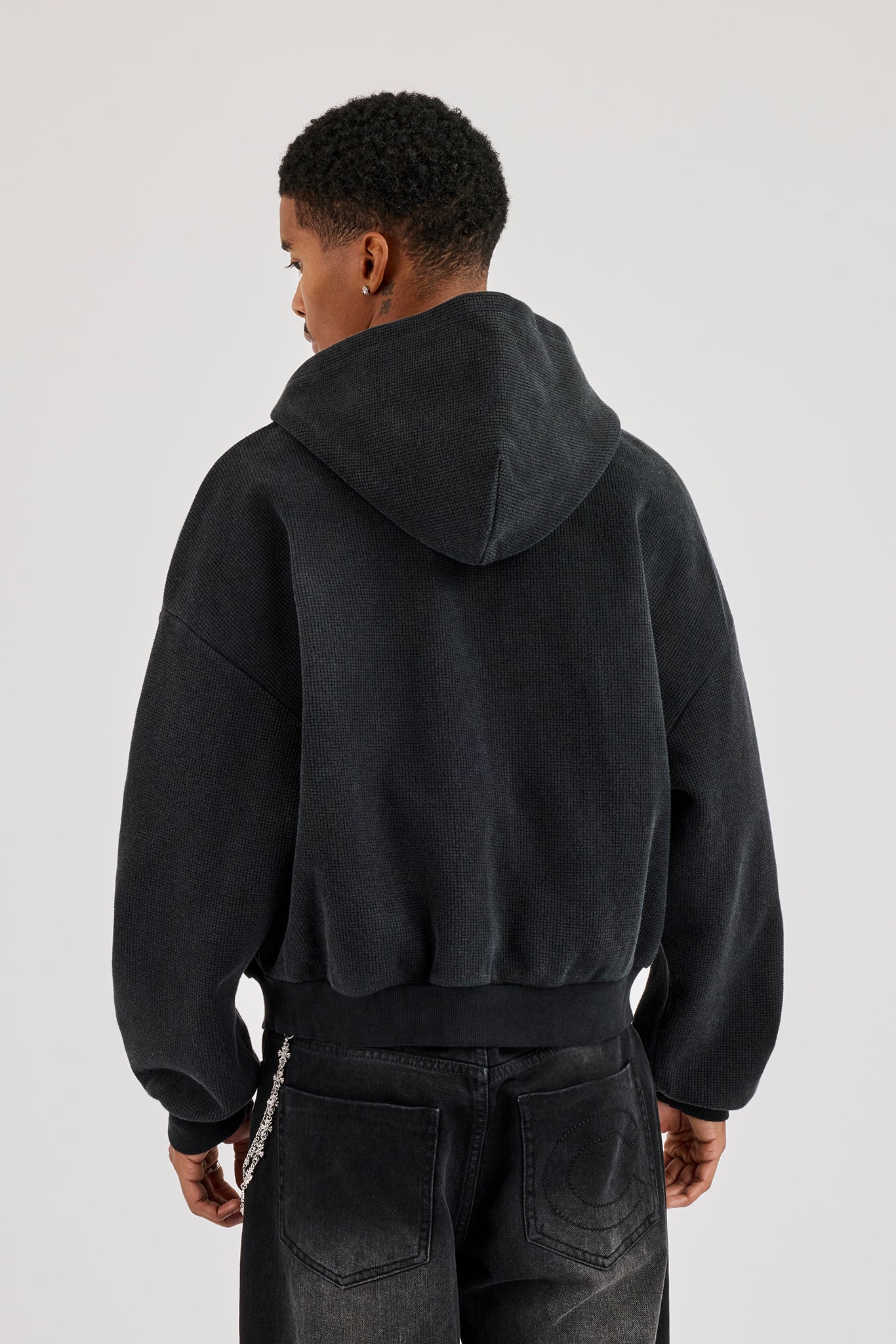 Acid Wash Waffle Boxy Zip Through Hoodie - Washed Black