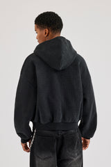 Acid Wash Waffle Boxy Zip Through Hoodie - Washed Black