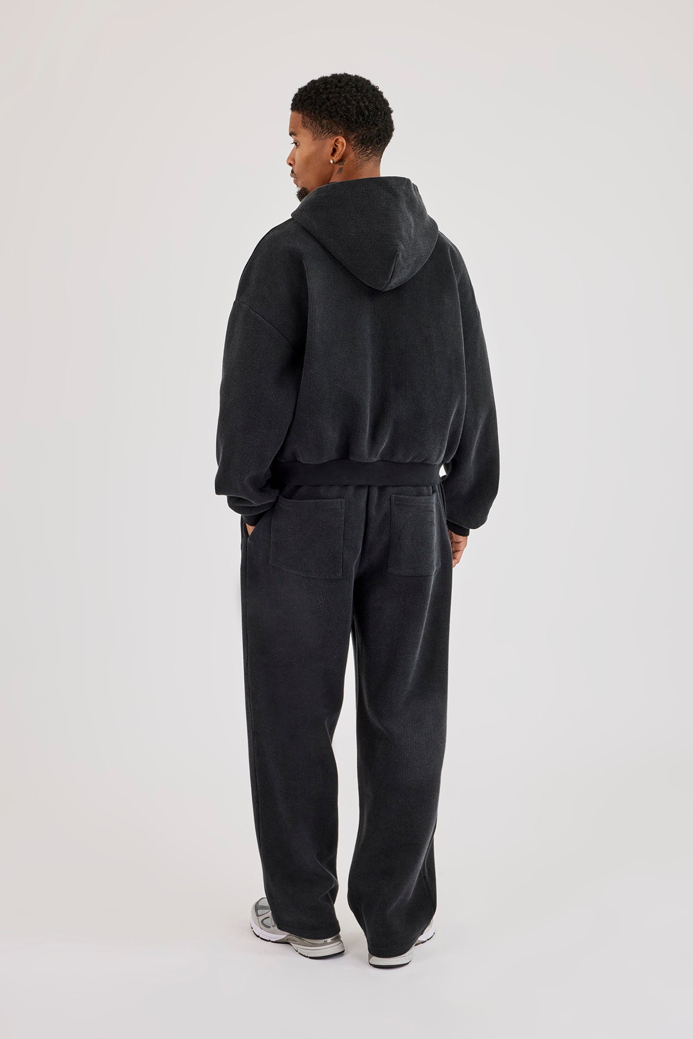 Acid Wash Waffle Boxy Zip Through Hoodie & Relaxed Jogger  - Washed Black