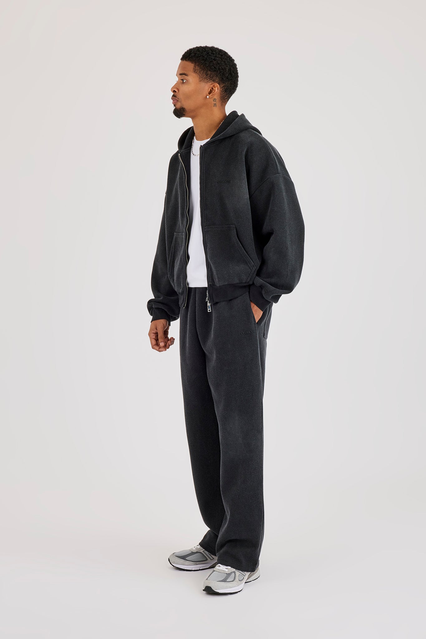 Acid Wash Waffle Boxy Zip Through Hoodie & Relaxed Jogger  - Washed Black