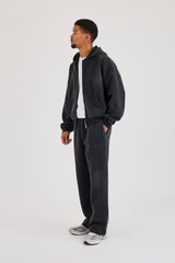 Acid Wash Waffle Boxy Zip Through Hoodie & Relaxed Jogger  - Washed Black