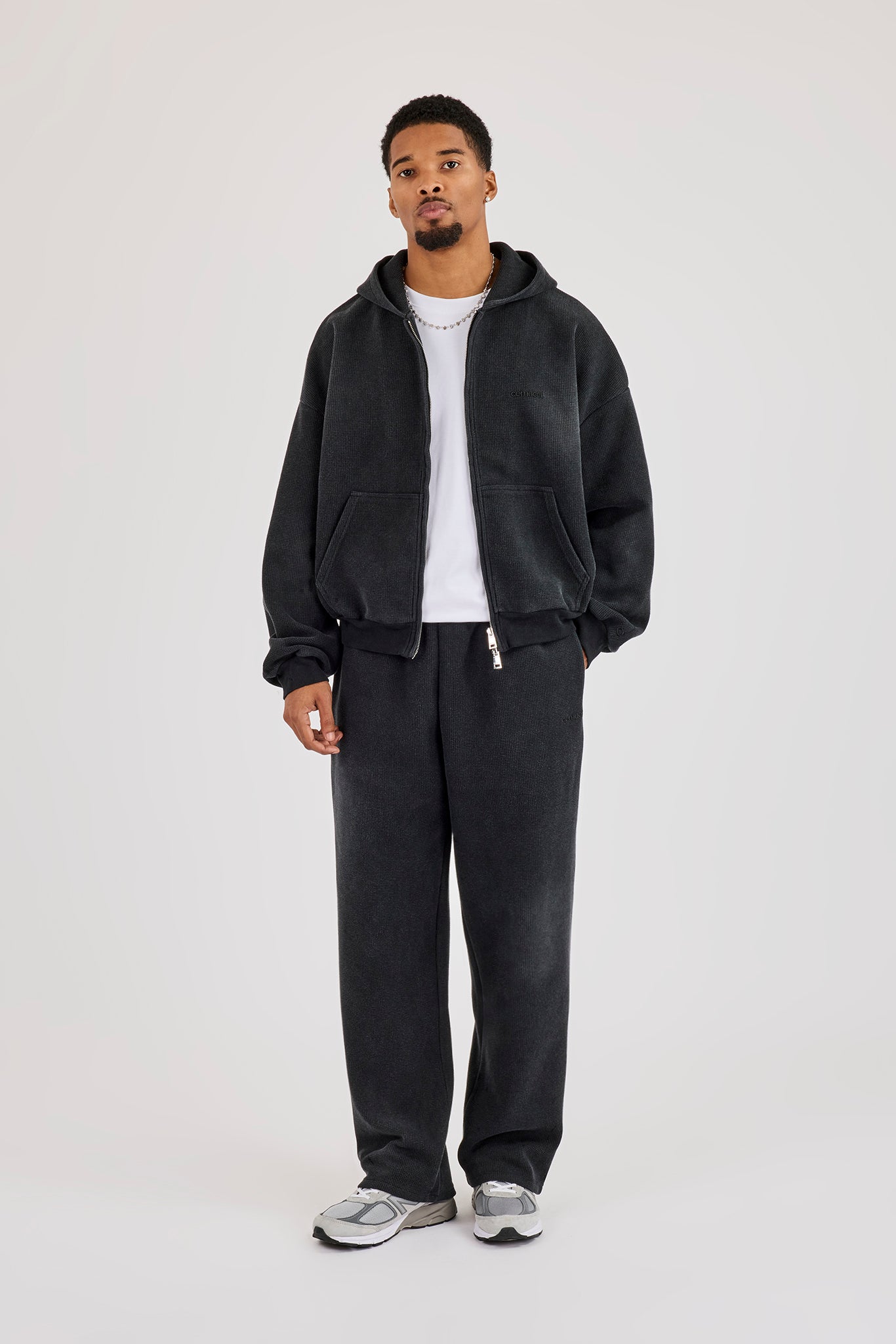 Acid Wash Waffle Boxy Zip Through Hoodie - Washed Black