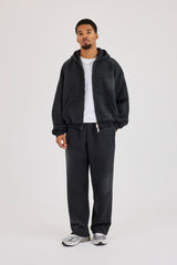 Acid Wash Waffle Boxy Zip Through Hoodie - Washed Black