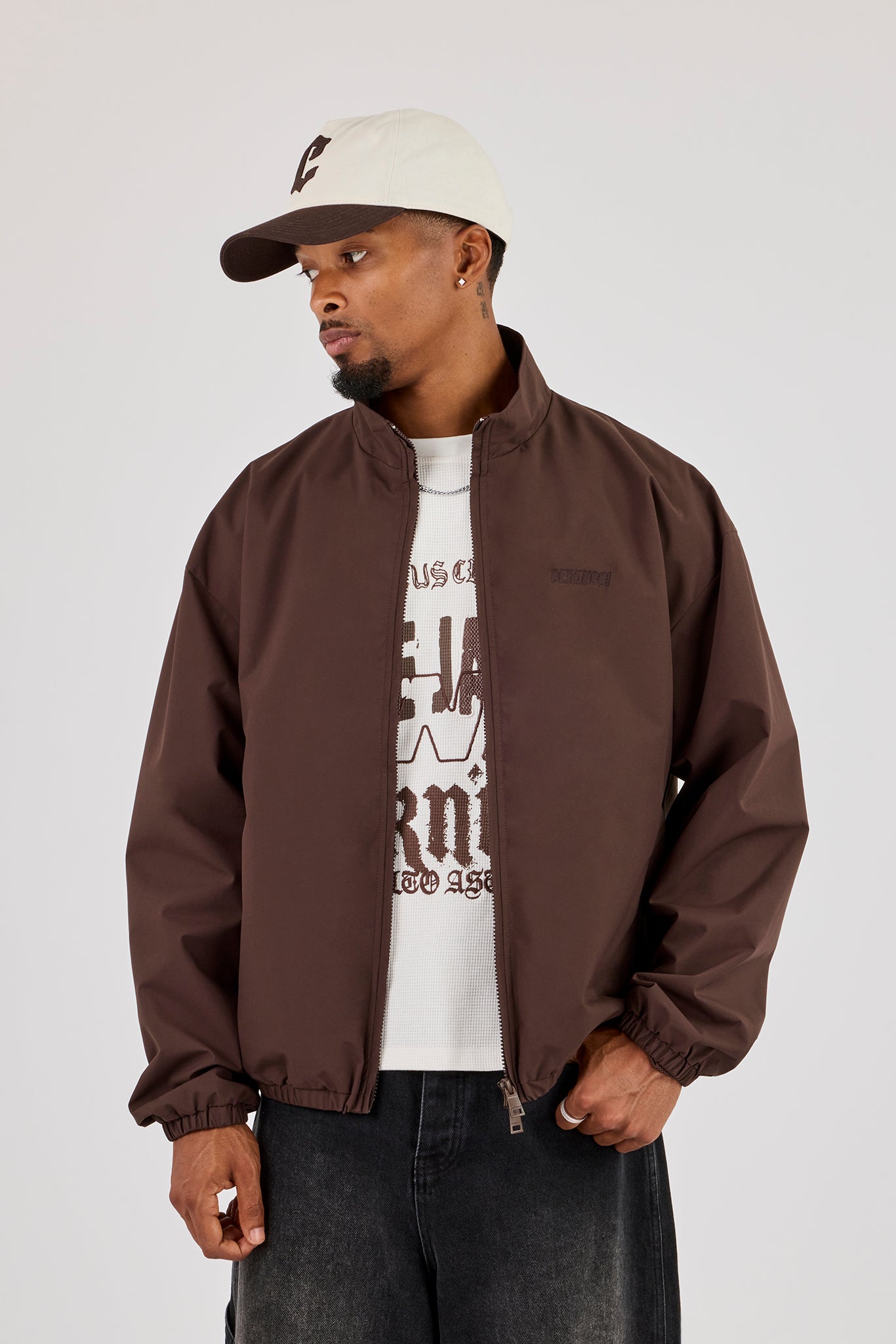 Nylon Logo Embroidered Track Jacket - Brown