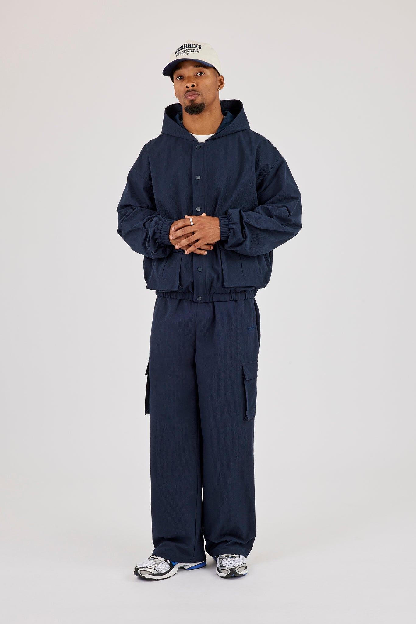 Textured Nylon Hooded Utility Jacket & Cargo Trouser - Navy