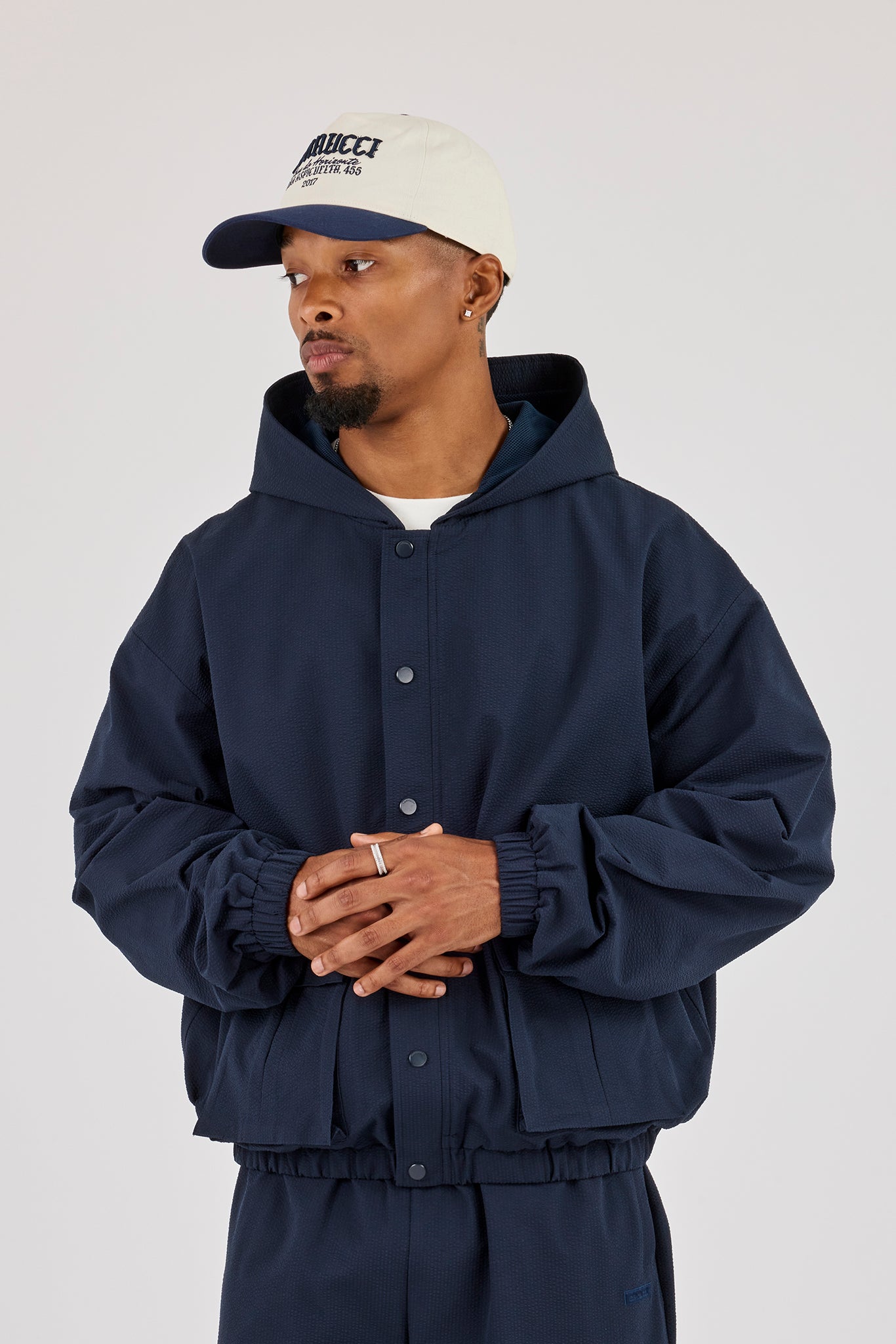 Textured Nylon Hooded Utility Jacket - Navy