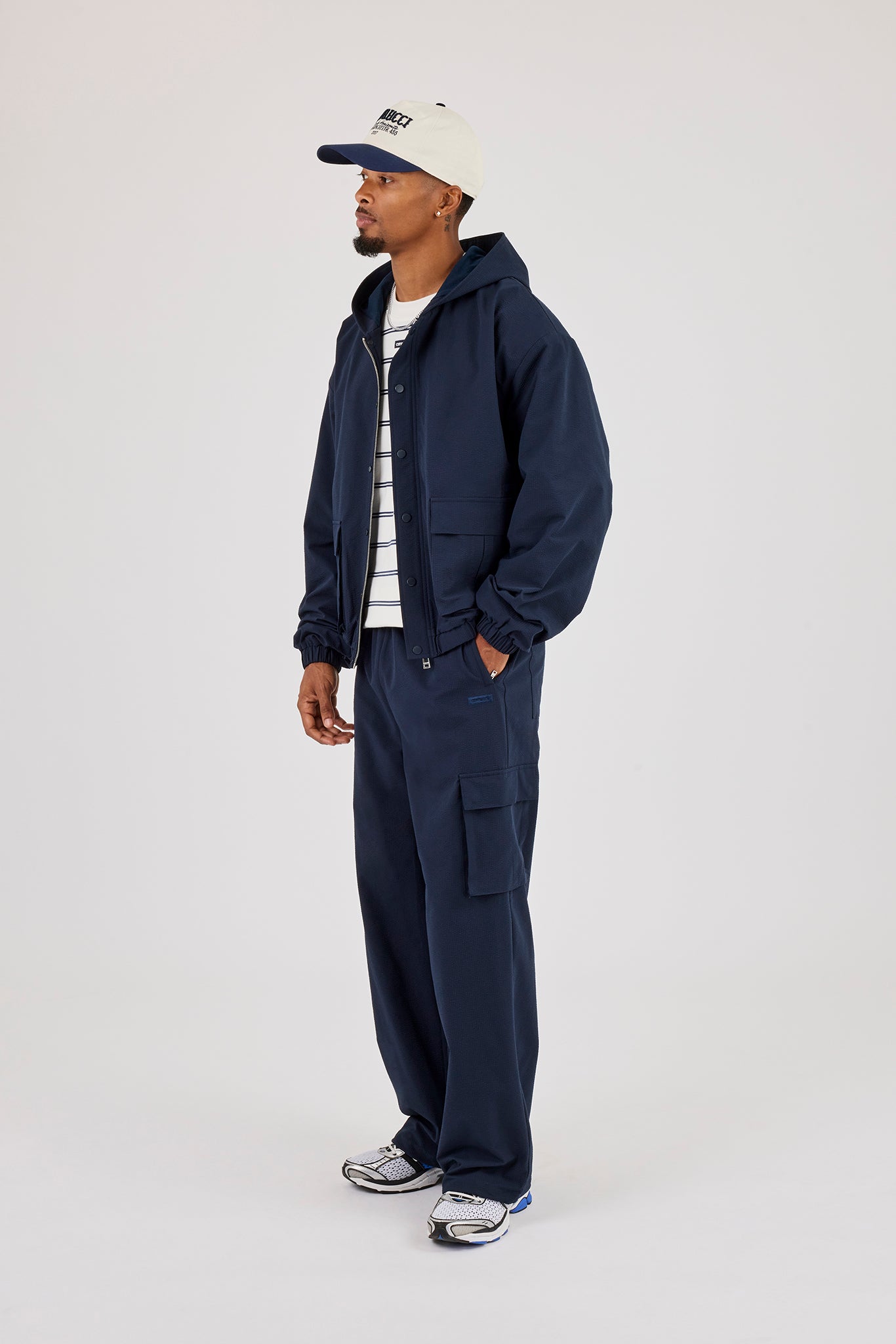 Textured Nylon Hooded Utility Jacket & Cargo Trouser - Navy