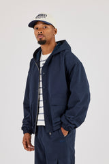 Textured Nylon Hooded Utility Jacket - Navy