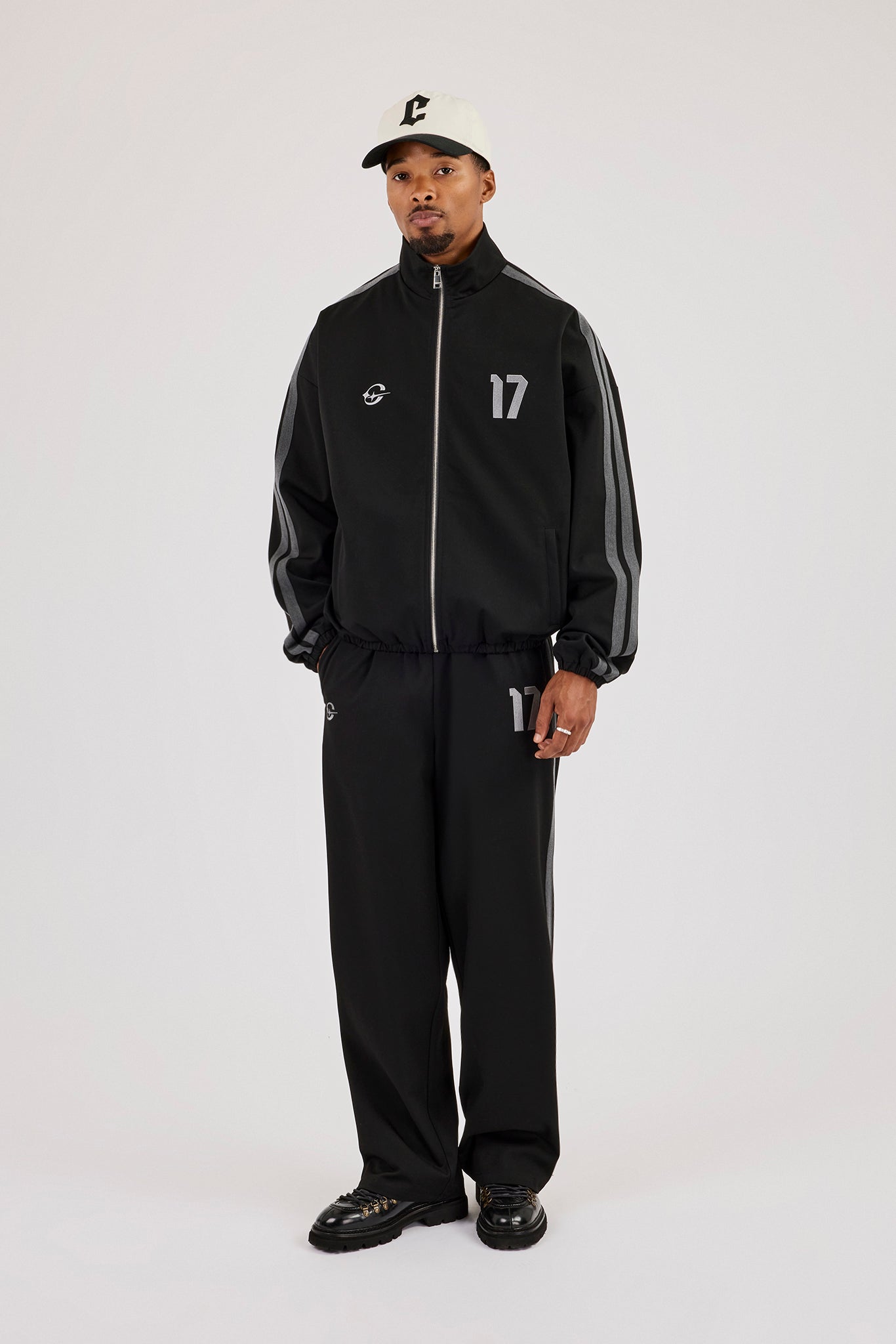 Woven Track Top & Relaxed Trouser With Side Tape - Black