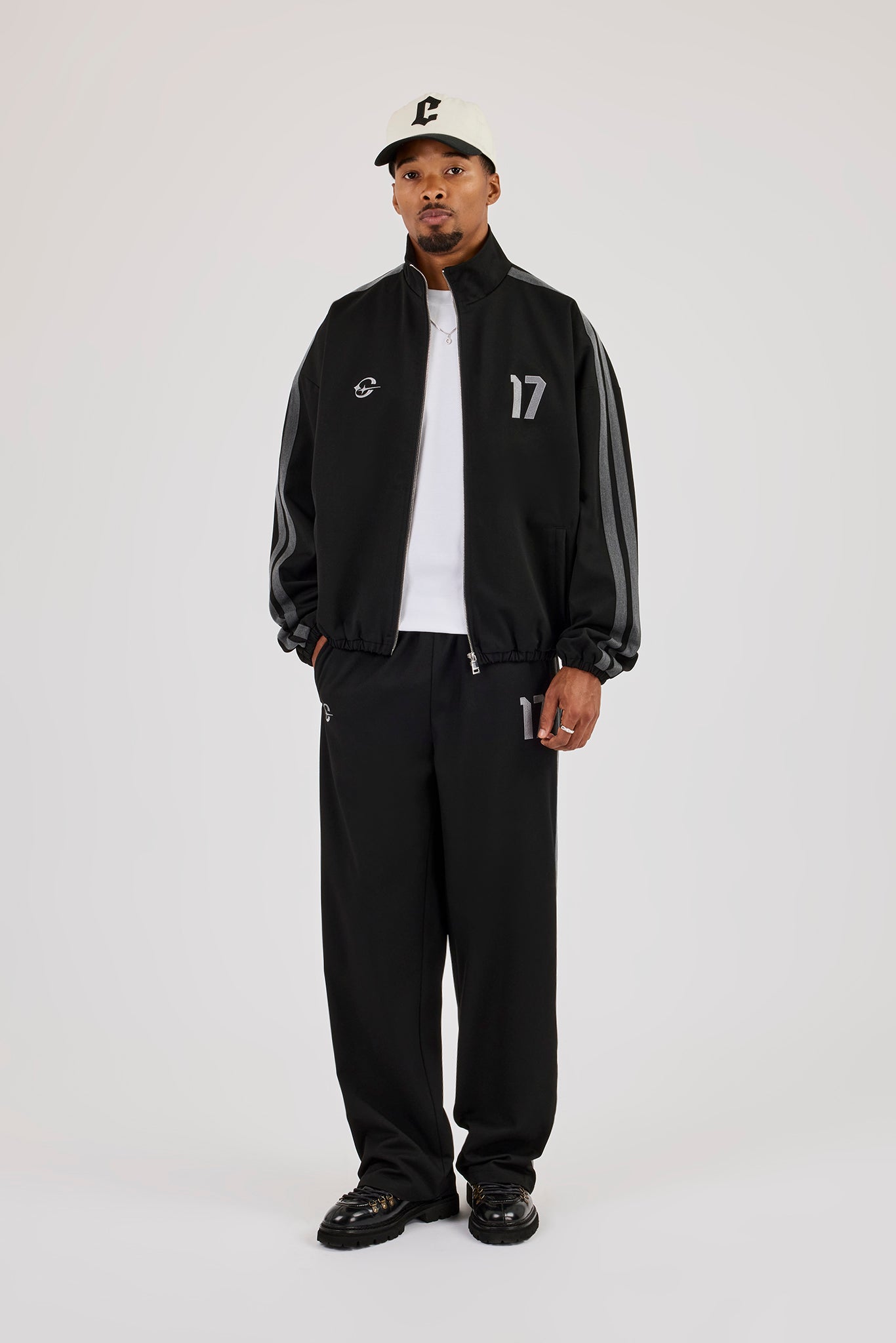 Woven Track Top & Relaxed Trouser With Side Tape - Black