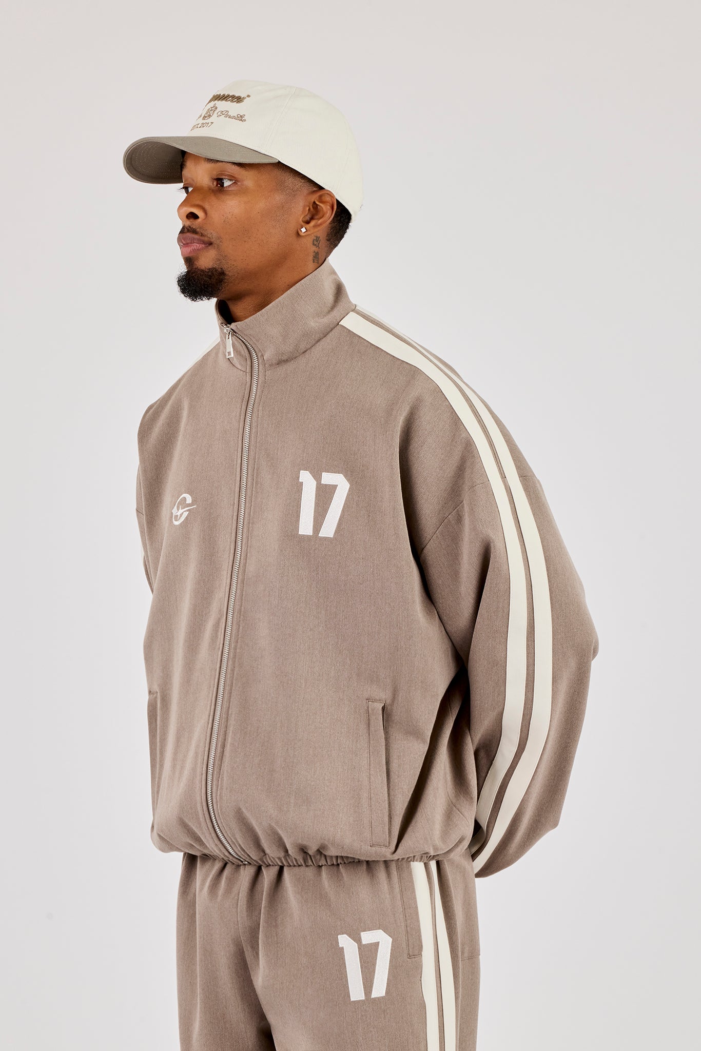 Woven Track Top With Side Tape - Taupe