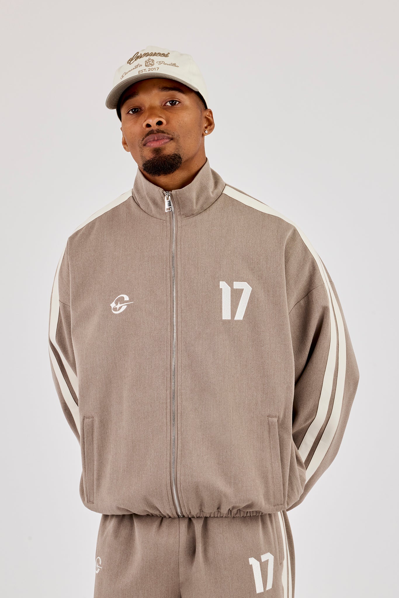 Woven Track Top With Side Tape - Taupe