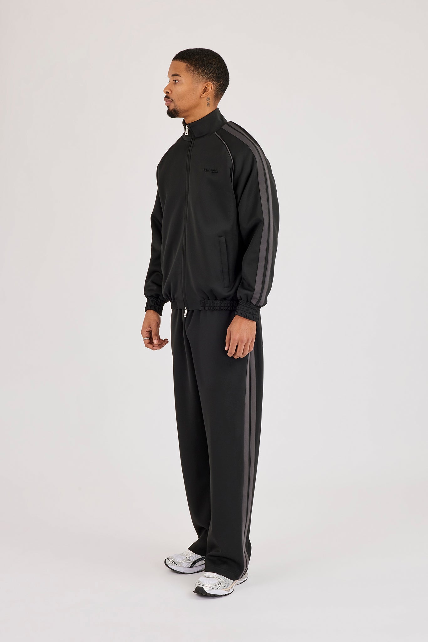 Funnel Neck Tape Detail Track Jacket & Relaxed Trouser - Black