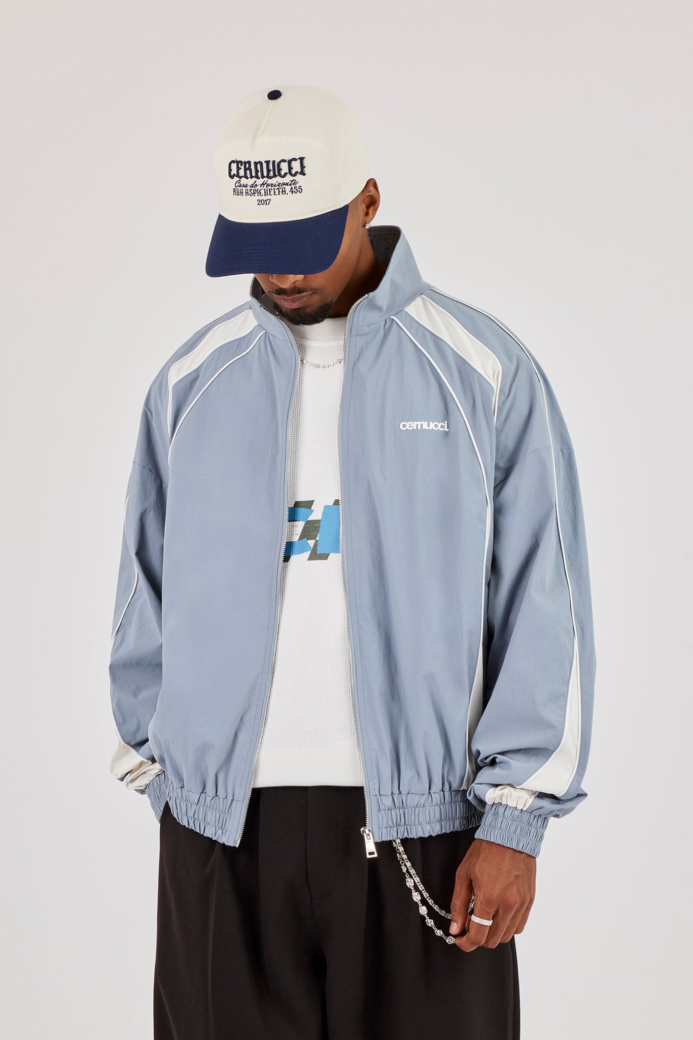 Nylon Panelled Track Jacket With Piping - Blue