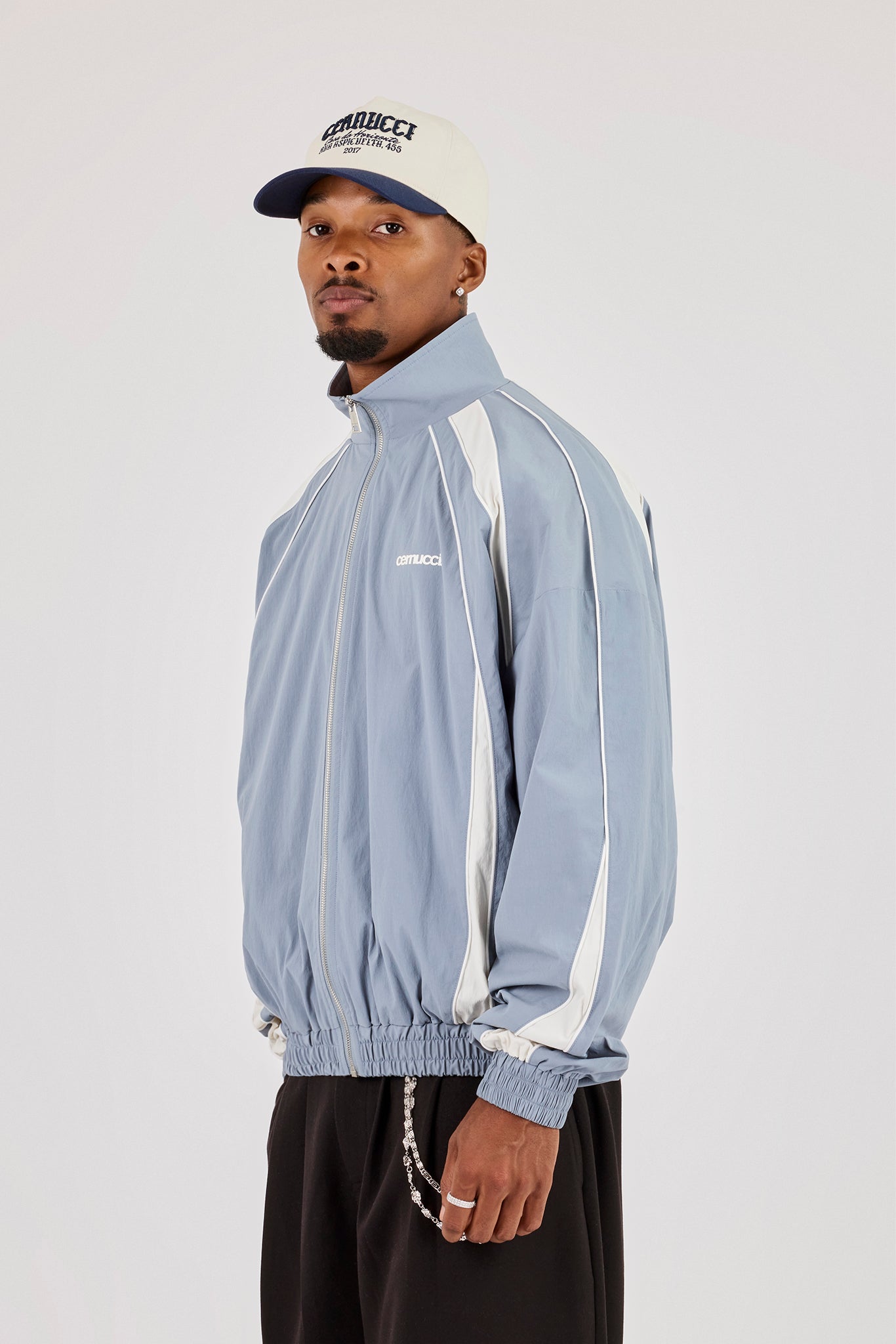Nylon Panelled Track Jacket With Piping - Blue