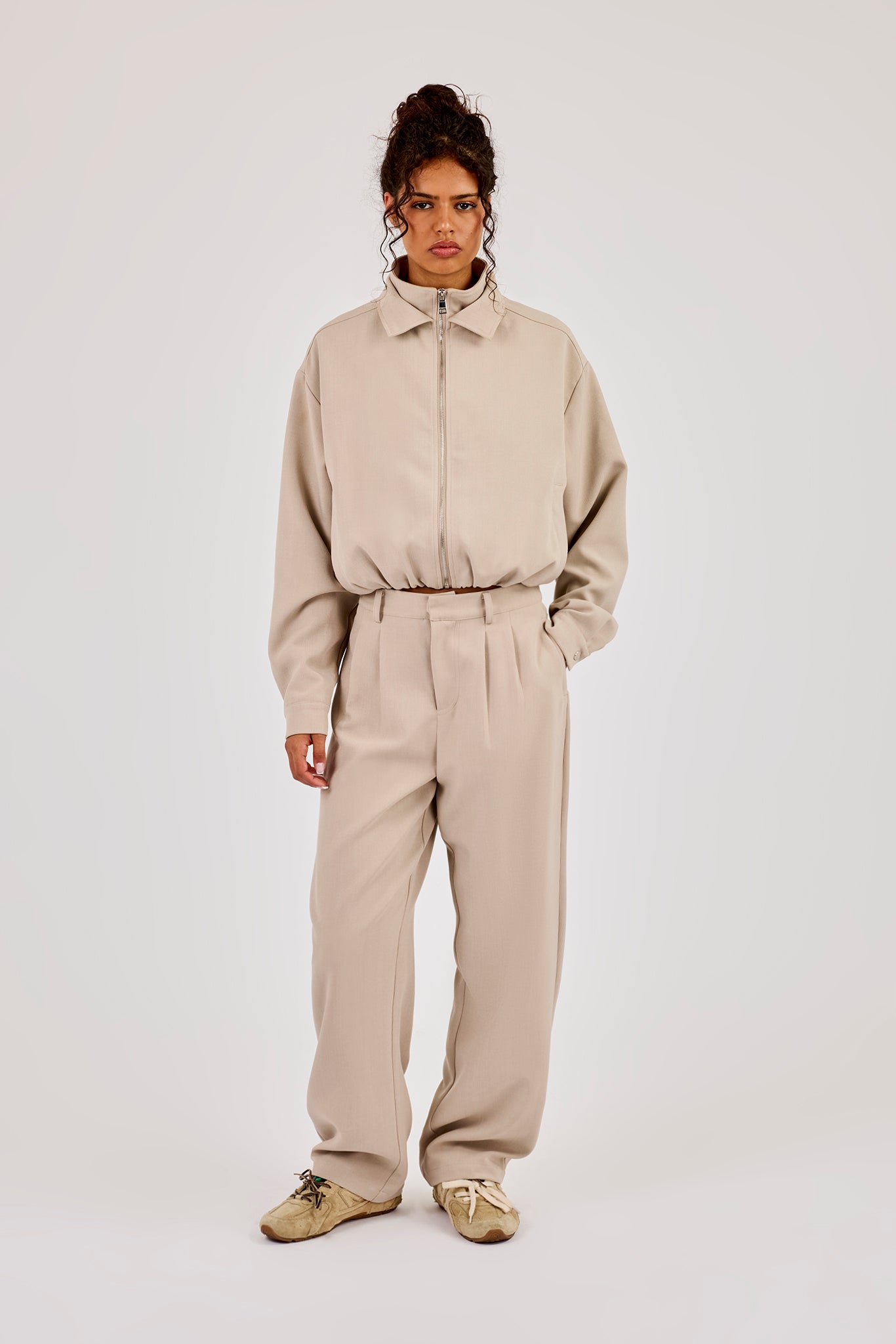 Woven Embroidered Jacket & Barrel Leg Trouser - Beige