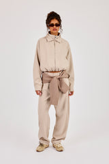 Woven Embroidered Jacket & Barrel Leg Trouser - Beige