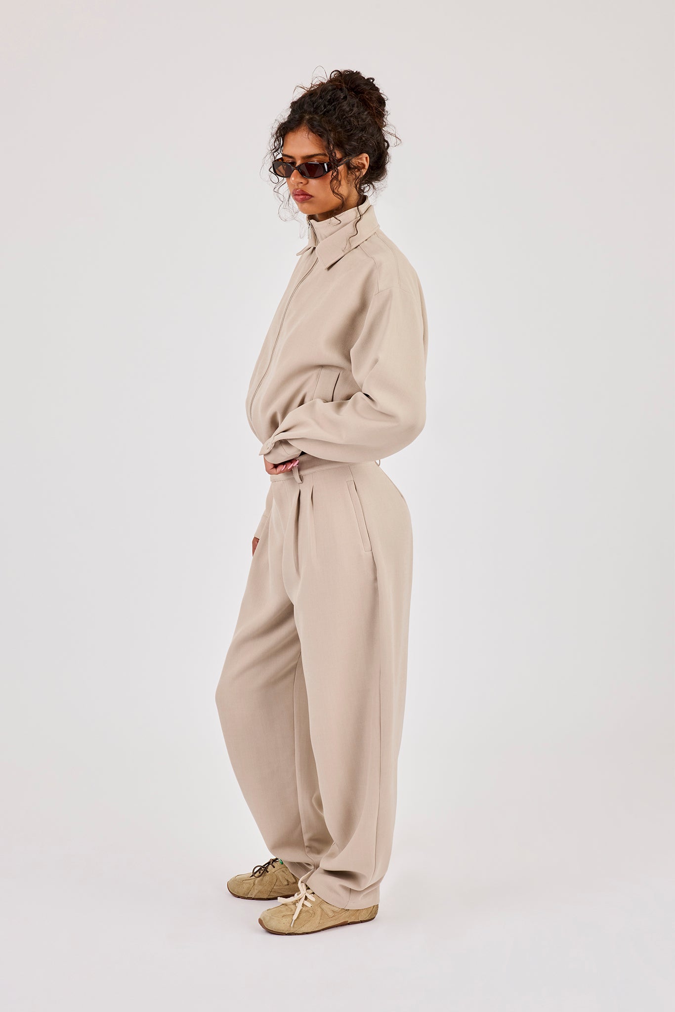 Woven Embroidered Jacket & Barrel Leg Trouser - Beige