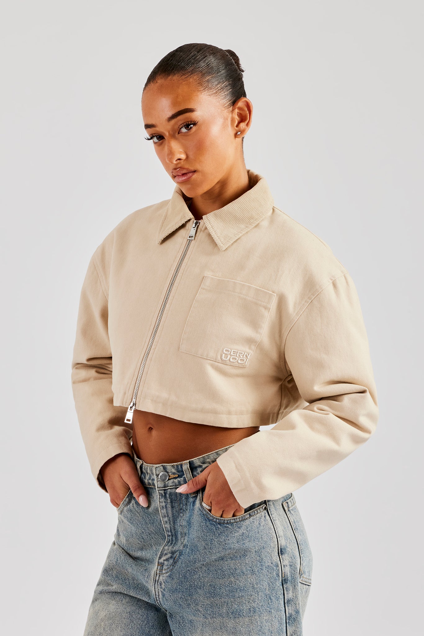 ジャケット・アウター WOOL GABARDINE STACKED HARRINGTON JACKET Twill Cord Collar Harrington Jacket - Stone | Womens Outerwear