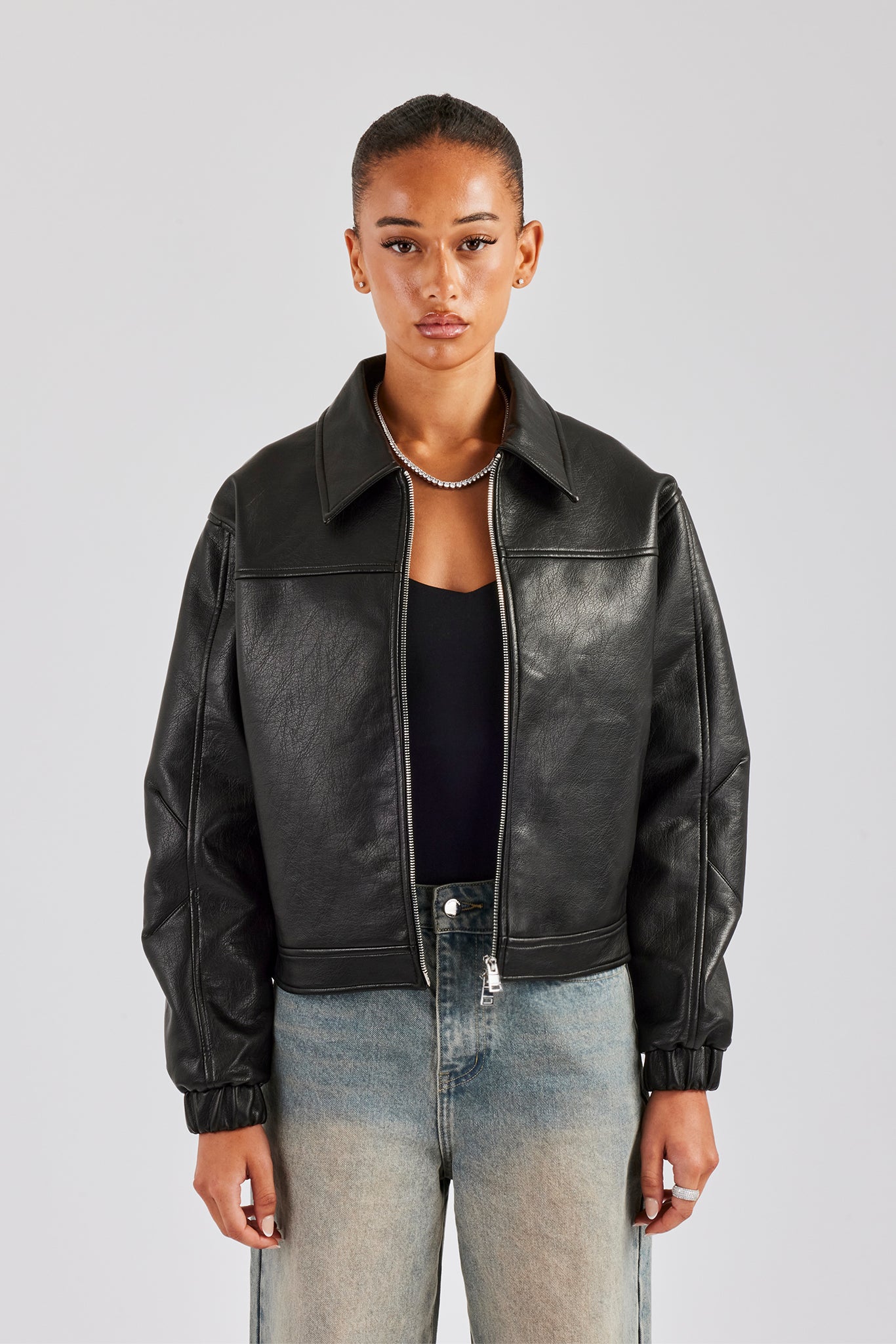 PU Embossed Harrington Jacket - Black | Womens Outerwear | Shop