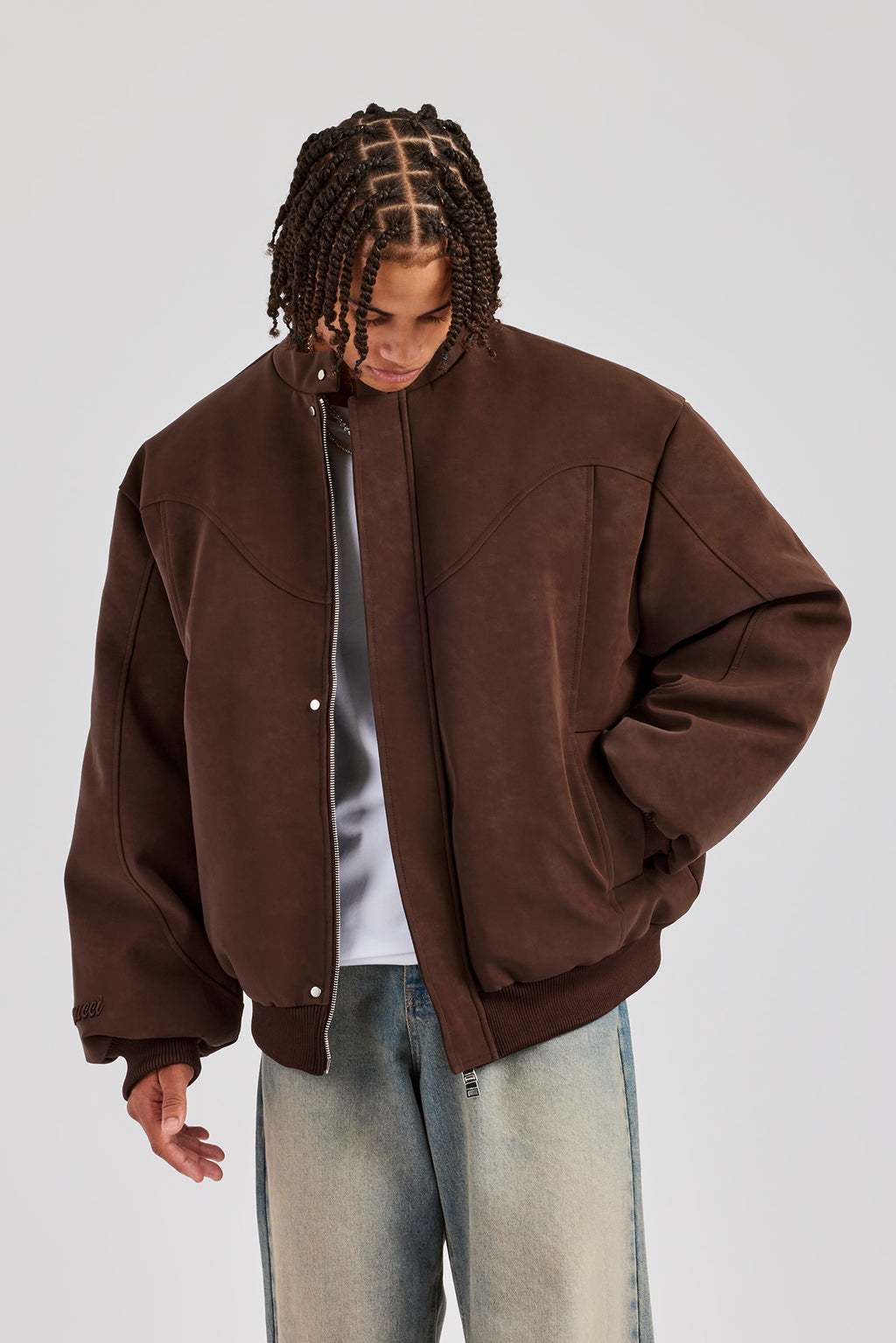 Embroidered Puffer Bomber Jacket - Chocolate | Mens Outerwear | Shop ...