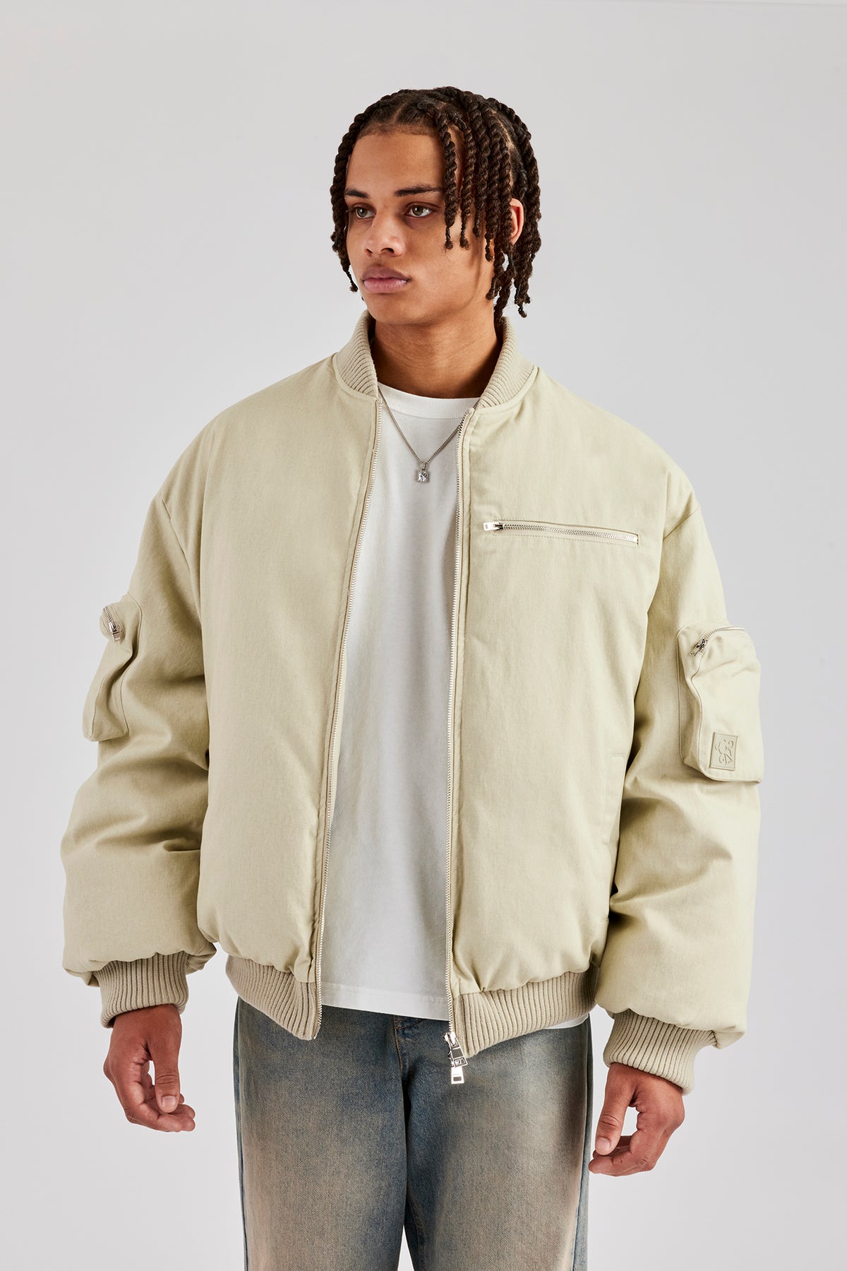 Twill Utility Heavy Bomber Jacket Off White Mens Outerwear