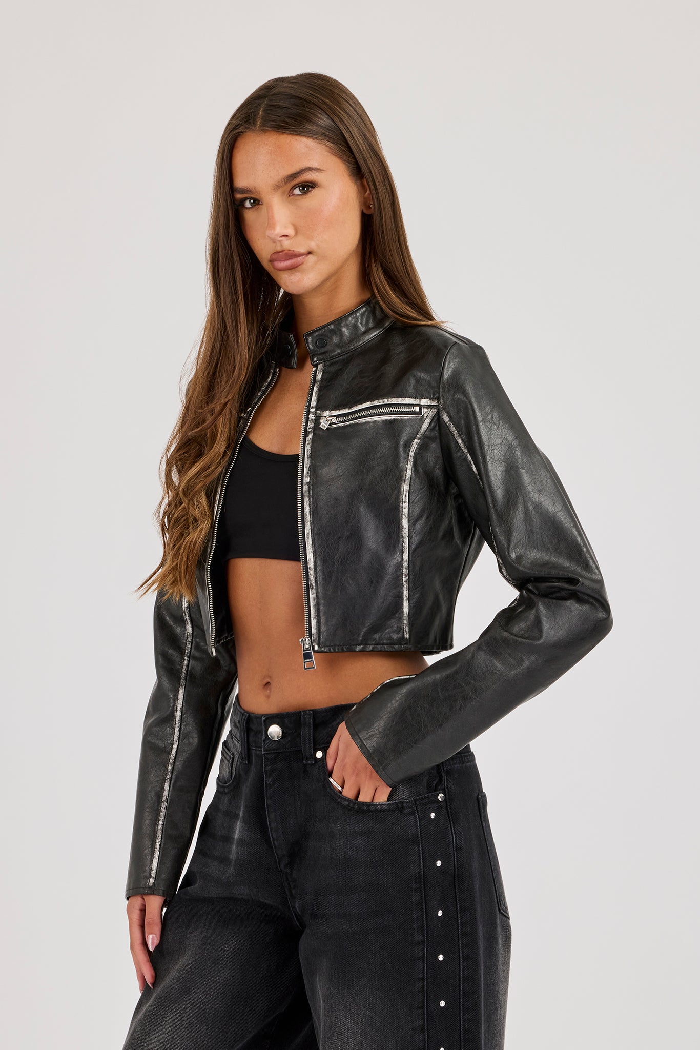 Washed Seam Detail Moto Jacket - Black