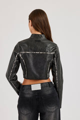 Washed Seam Detail Moto Jacket - Black