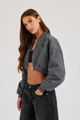 Curved Hem Cropped Bomber Jacket - Grey