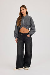 Curved Hem Cropped Bomber Jacket - Grey