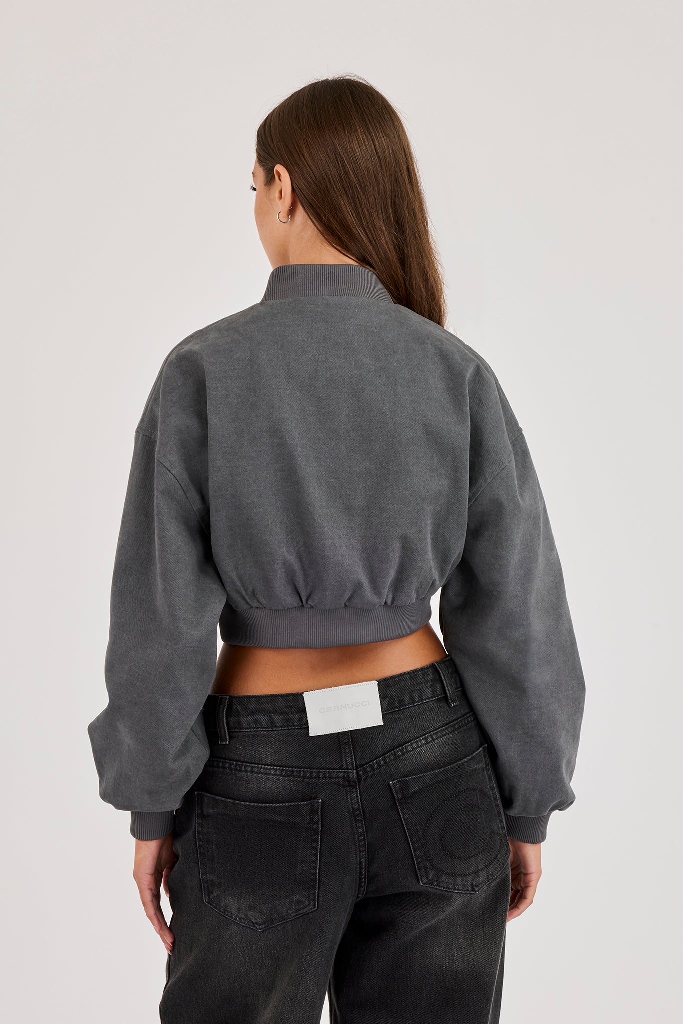 Curved Hem Cropped Bomber Jacket - Grey