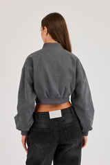Curved Hem Cropped Bomber Jacket - Grey