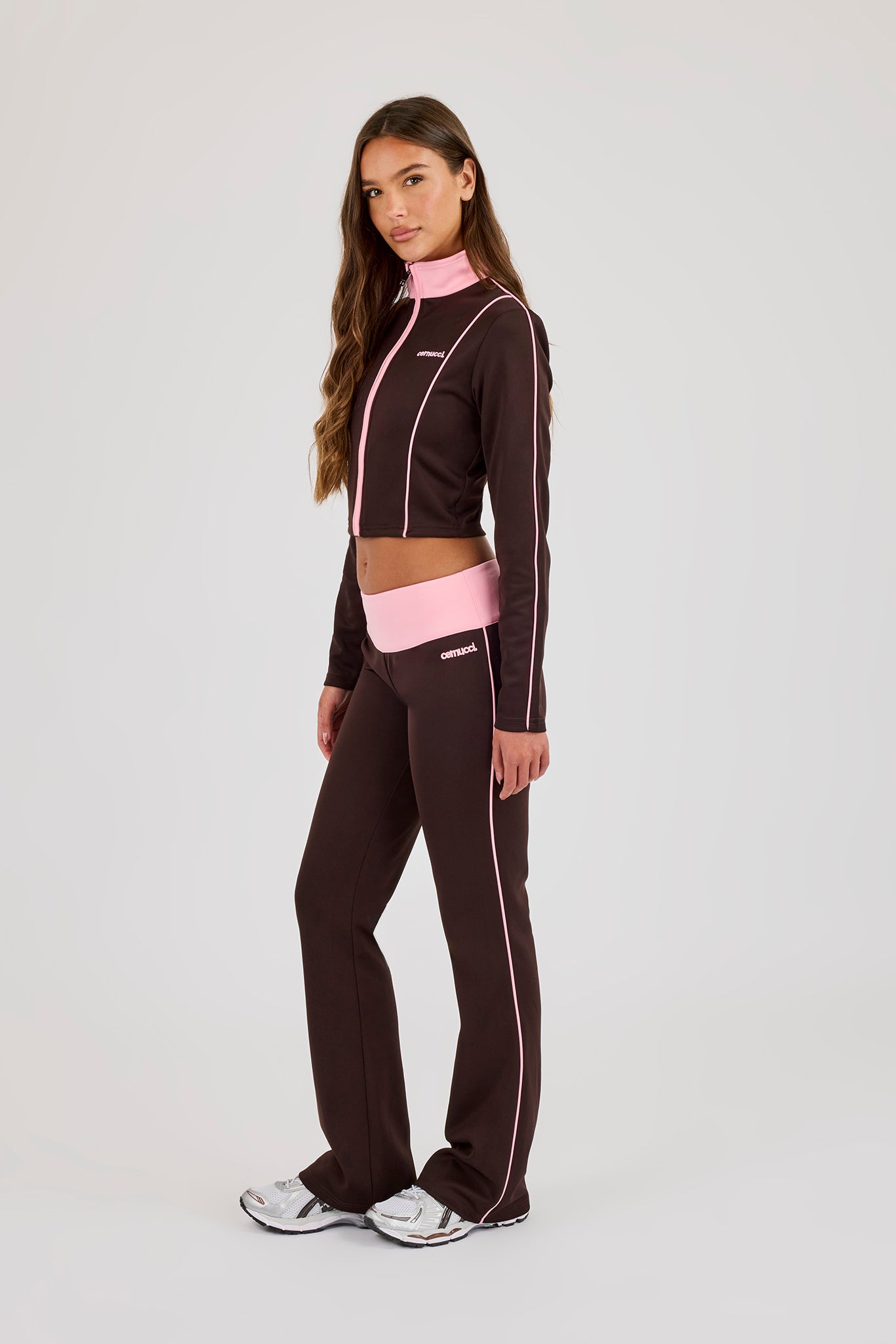 Fitted Contrast Piping Track Top & Fitted Flare - Chocolate