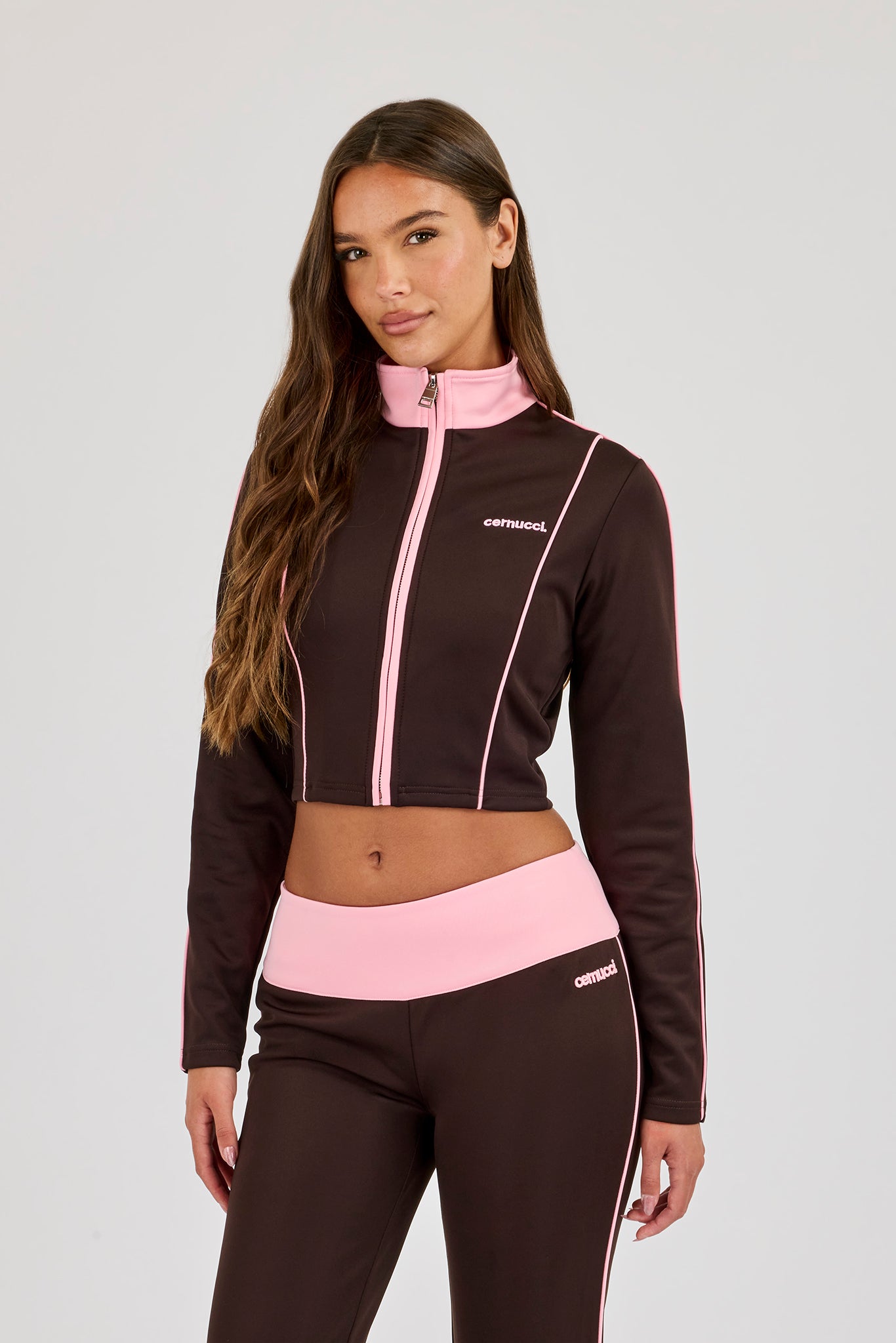 Fitted Contrast Piping Track Top - Chocolate