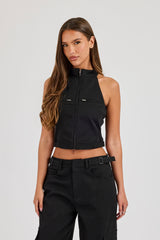 Twill Fitted Funnel Neck Sleeveless Top - Black