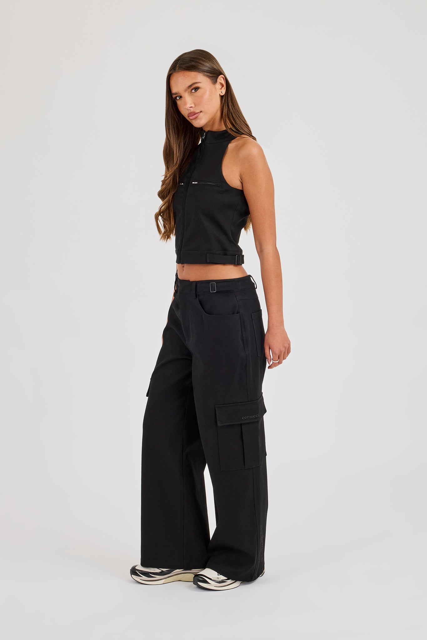 Twill Fitted Funnel Neck Sleeveless Top - Black
