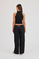 Twill Fitted Funnel Neck Sleeveless Top & Cargo Trouser - Black