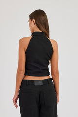 Twill Fitted Funnel Neck Sleeveless Top - Black