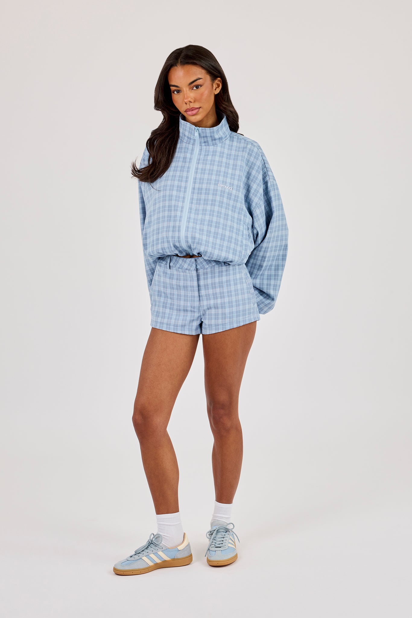 Check Funnel Neck Zip Jacket - Blue