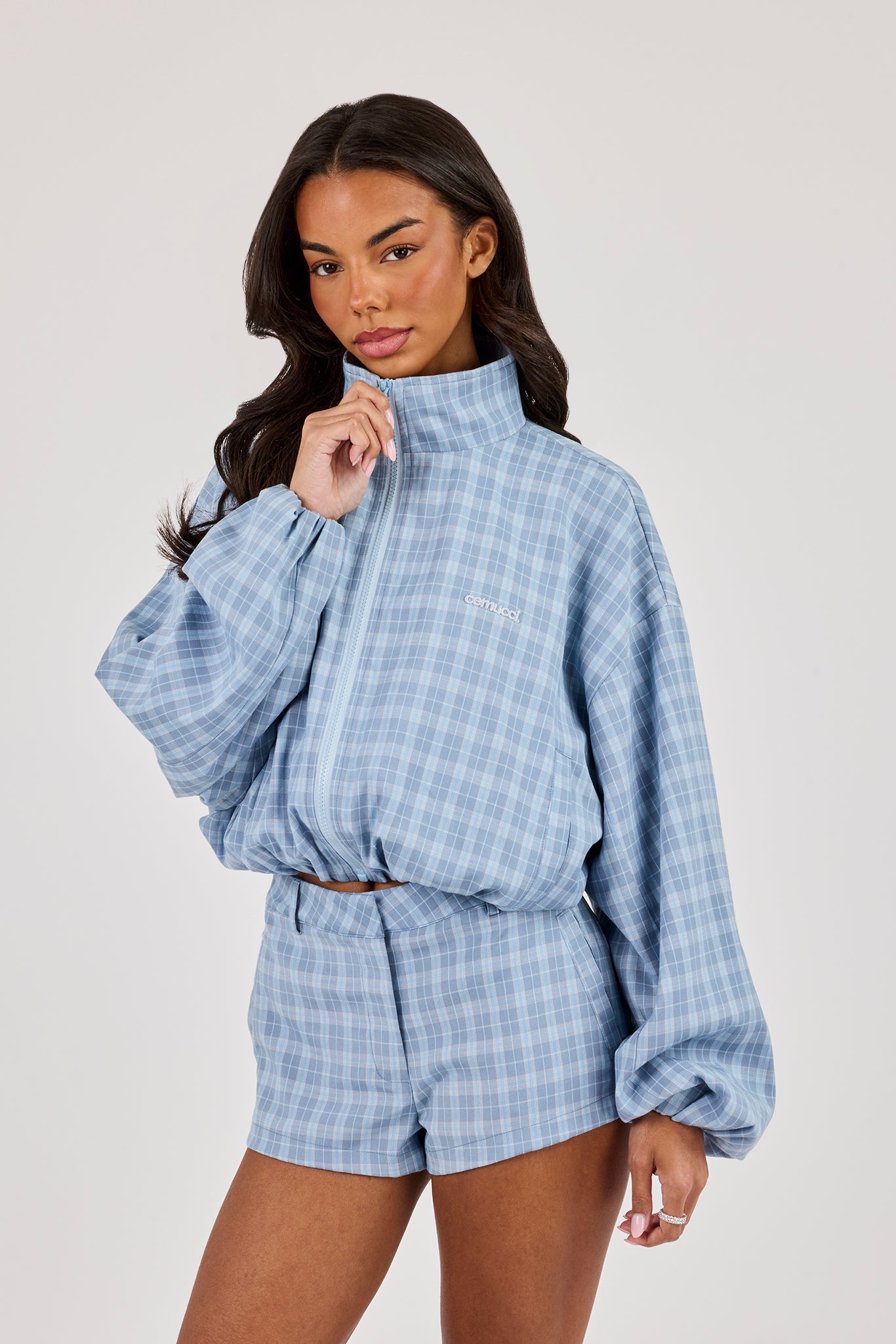 Check Funnel Neck Zip Jacket - Blue