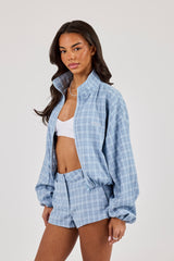 Check Funnel Neck Zip Jacket - Blue