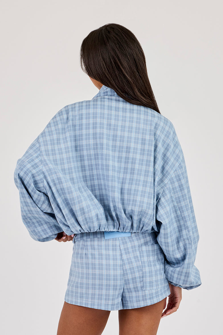 Check Funnel Neck Zip Jacket - Blue