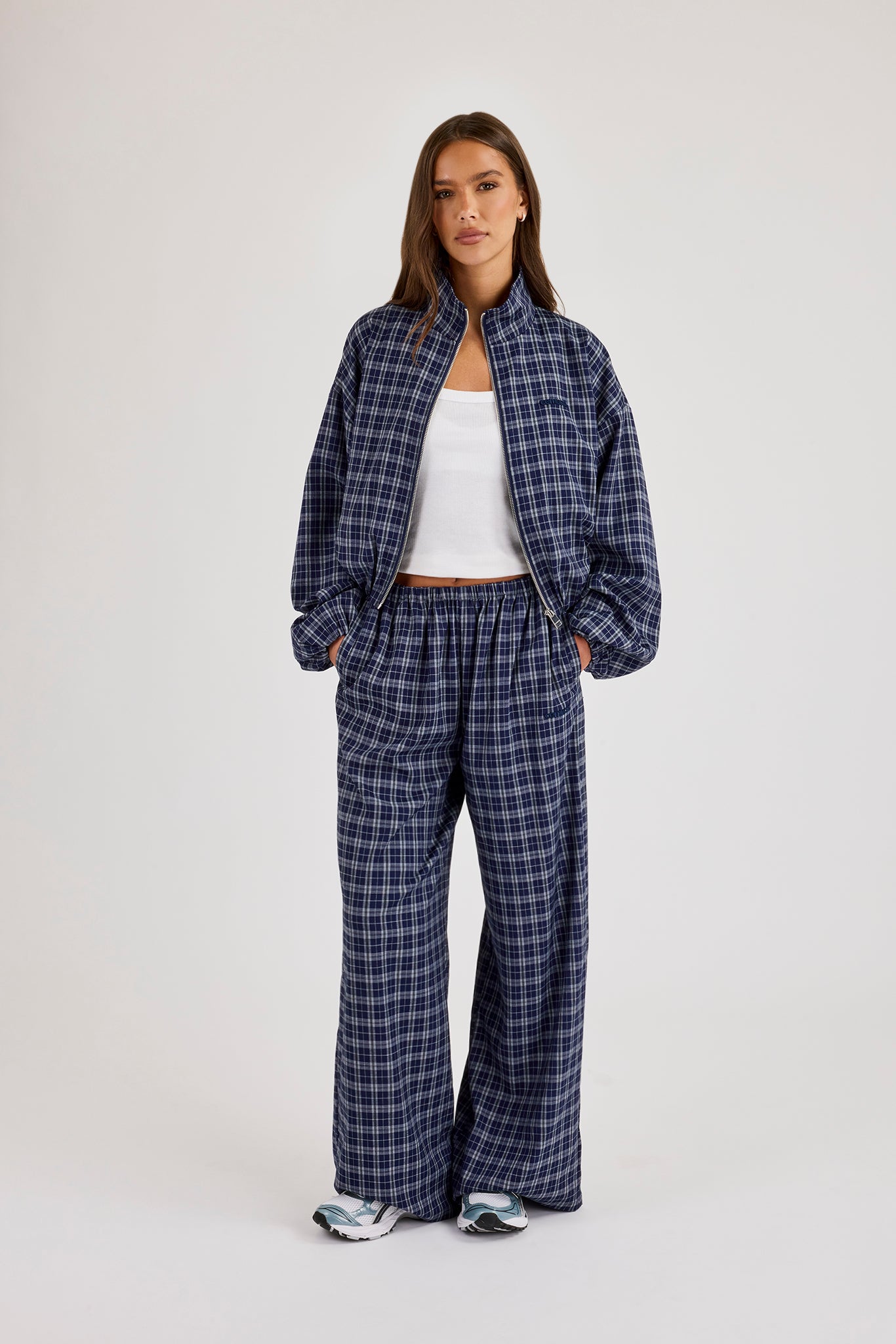 Check Funnel Neck Zip Jacket & Wide Leg Trouser - Navy Blue