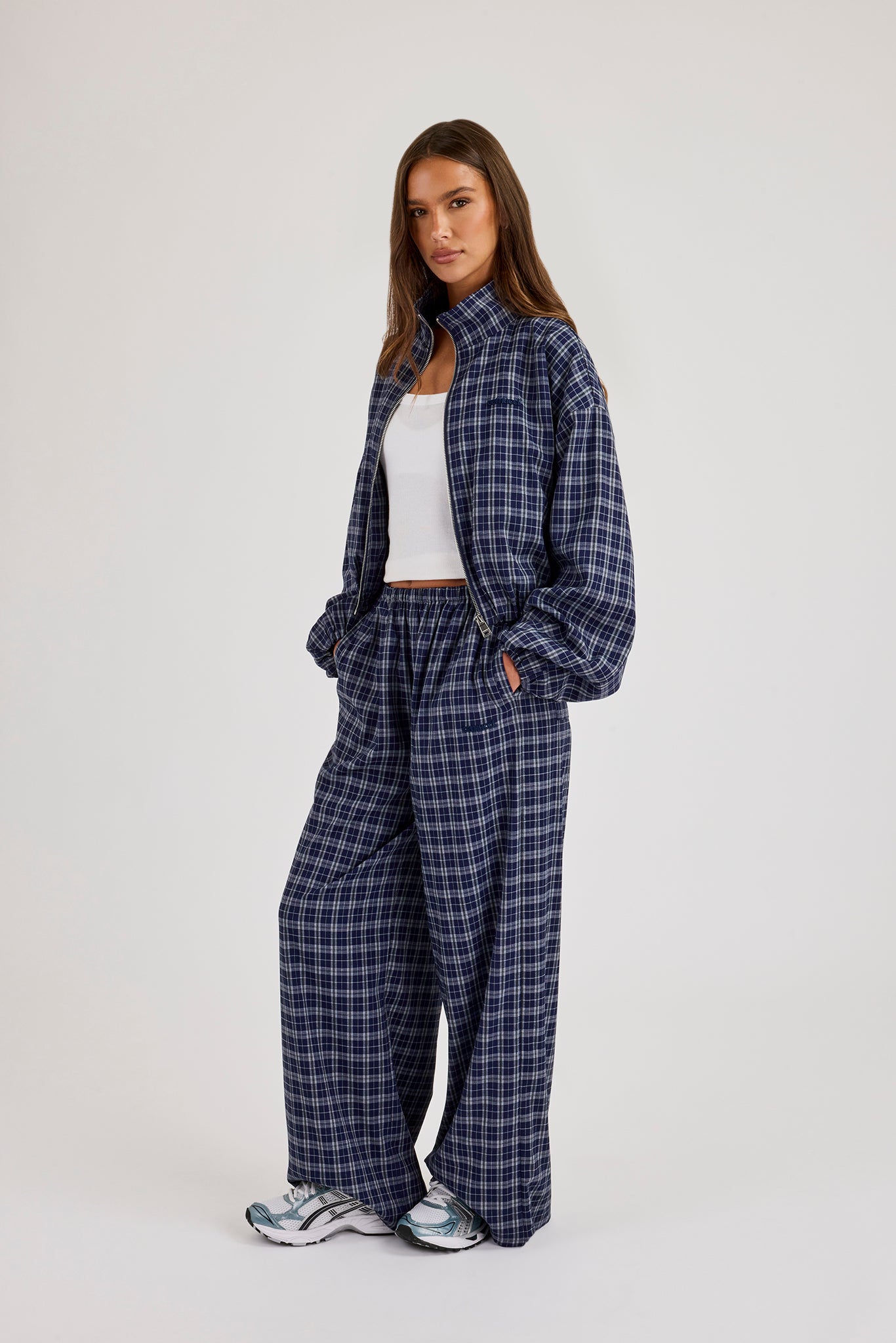 Check Funnel Neck Zip Jacket & Wide Leg Trouser - Navy Blue