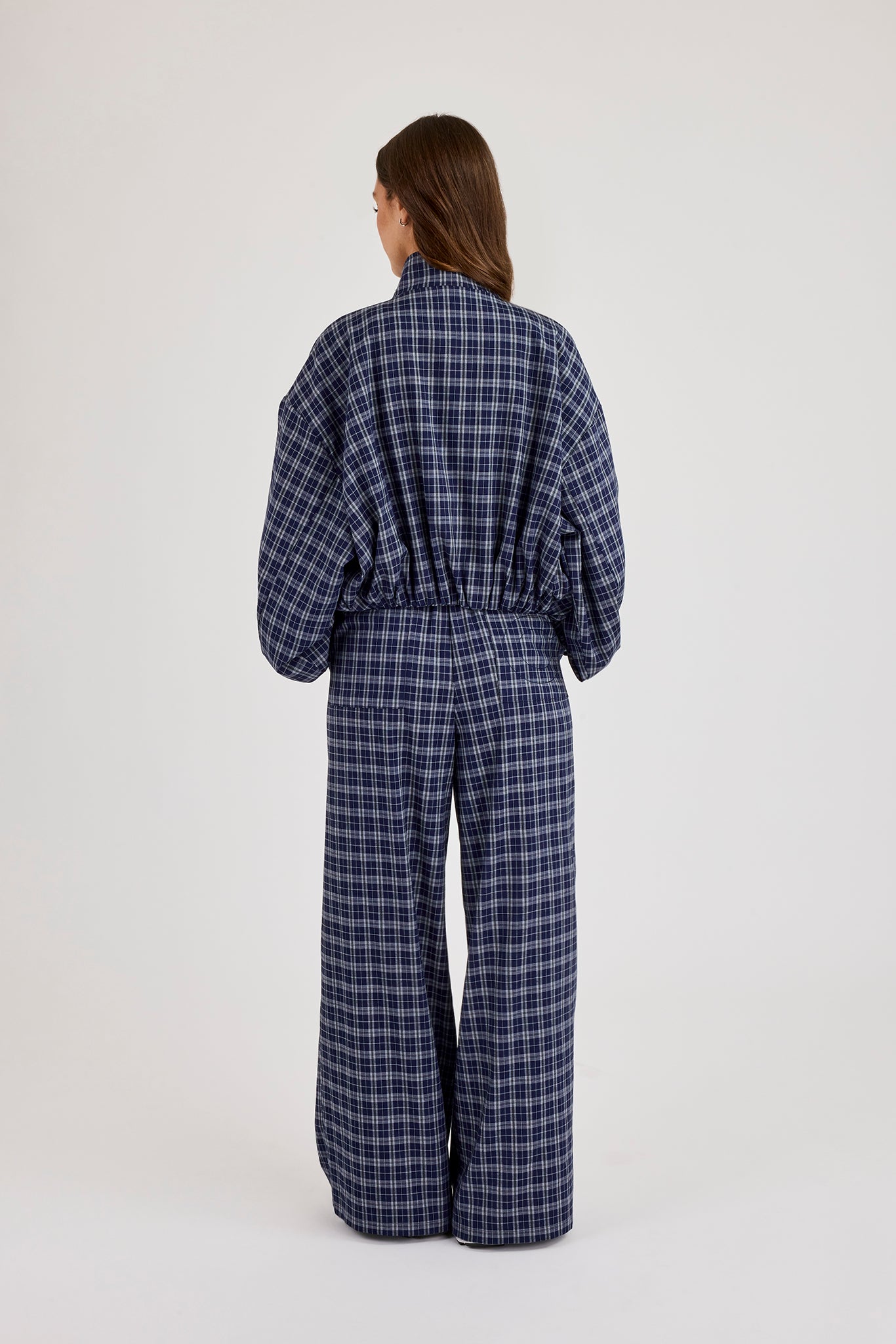 Check Funnel Neck Zip Jacket & Wide Leg Trouser - Navy Blue