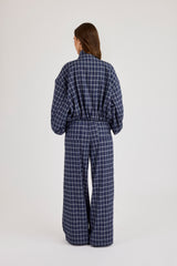 Check Funnel Neck Zip Jacket & Wide Leg Trouser - Navy Blue